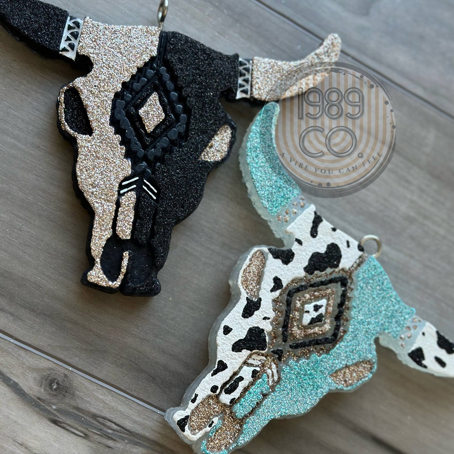 Bull Skull Car Freshie: Blue Cow Print / Cocoa Butter Cashmere