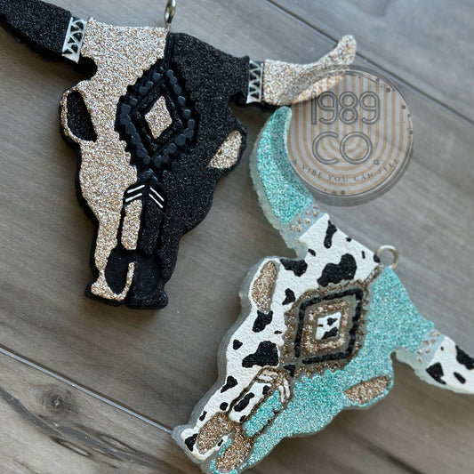 Bull Skull Car Freshie: Blue Cow Print / Cocoa Butter Cashmere