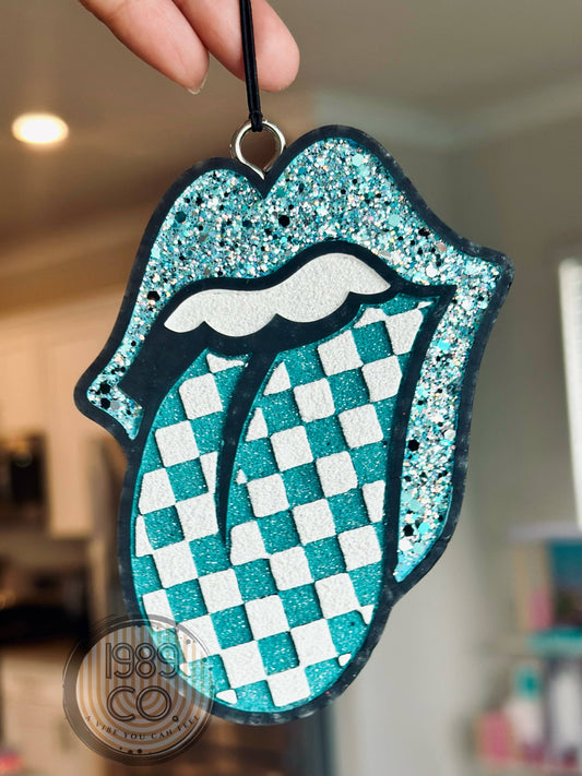 Checkered Tongue Car Freshie: Blue and Black / Mahogany Coconut