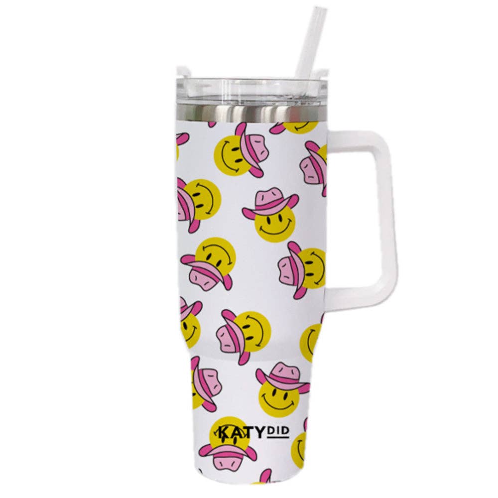 Cowboy Happy Face Western Travel Tumbler with Handle: White
