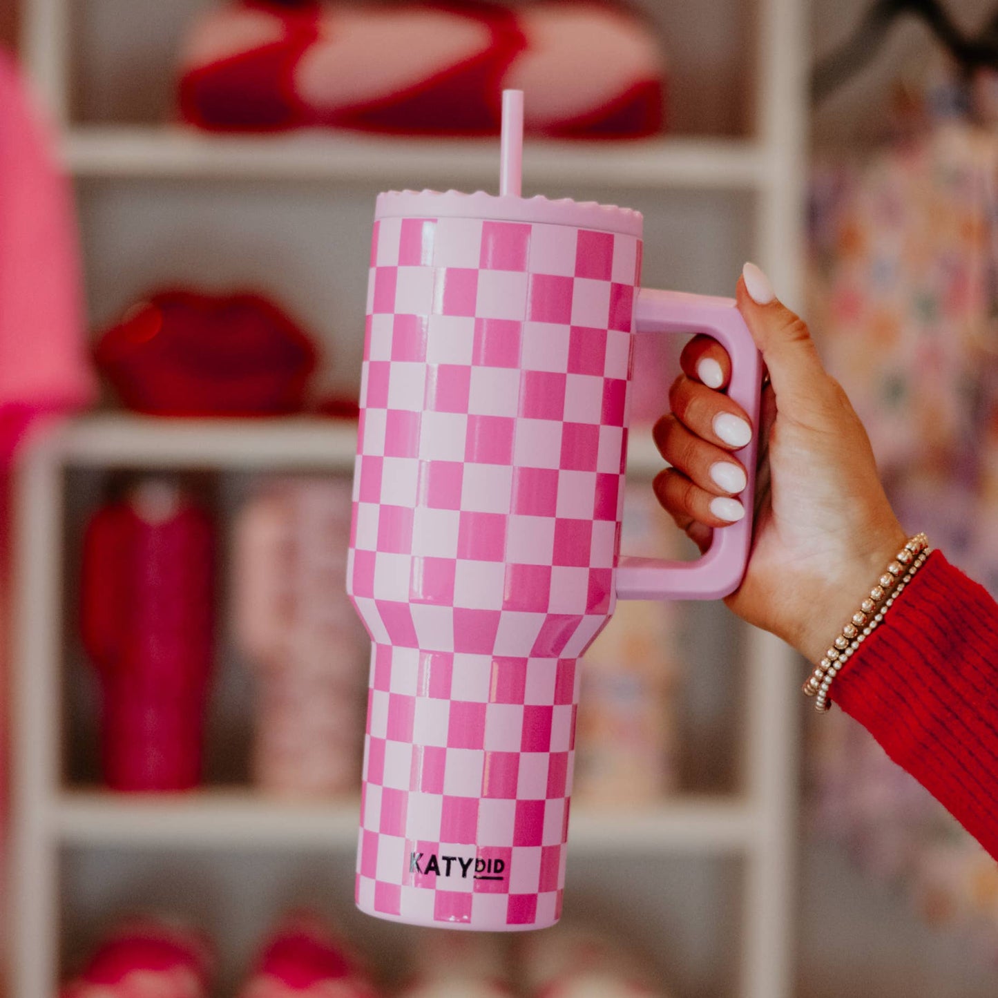 Pink Checker Stainless Steel Tumbler: Pink