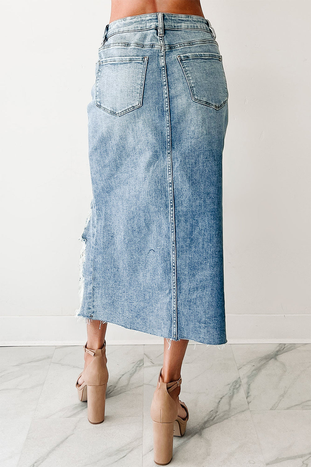 Distressed Denim Midi Skirt LT
