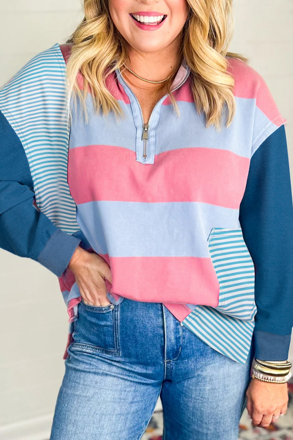 Blue Stripe Colorblock Plus Pullover September.