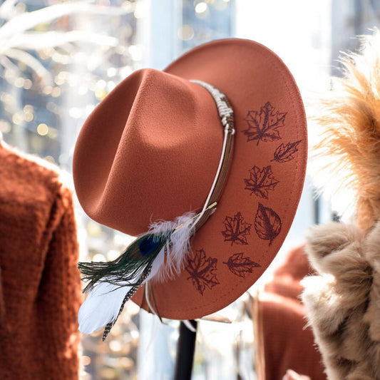 Falling Leaves Autumn Western Burnt Hat : Amber