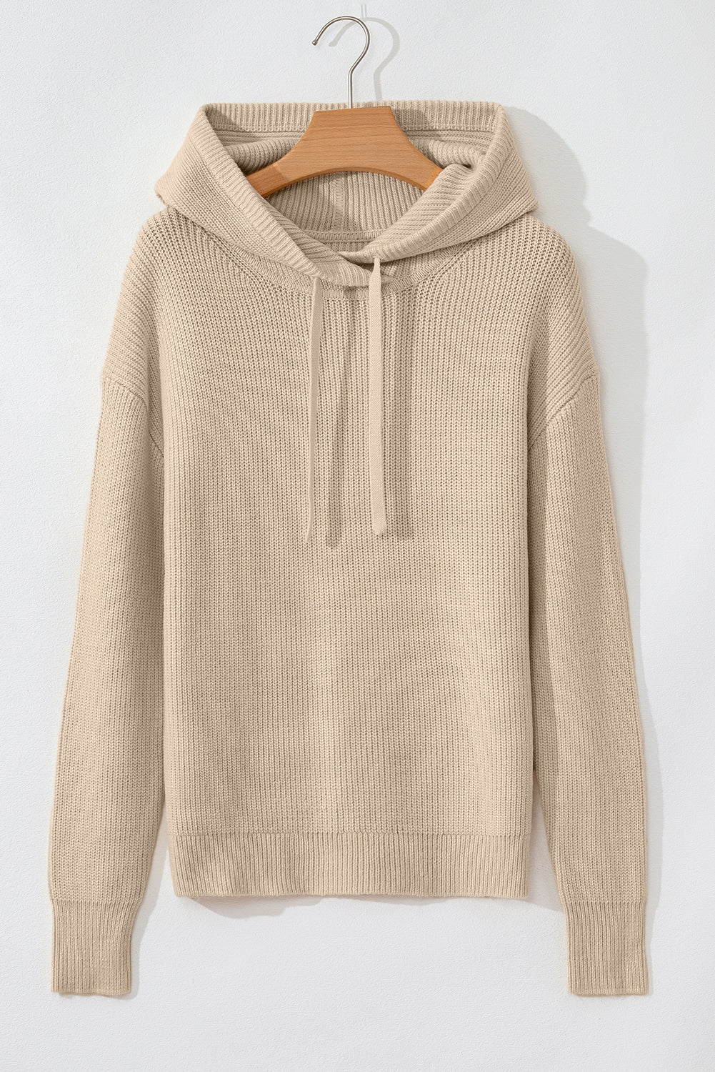 Beige Drawstring Hooded Pullover Sweater LT