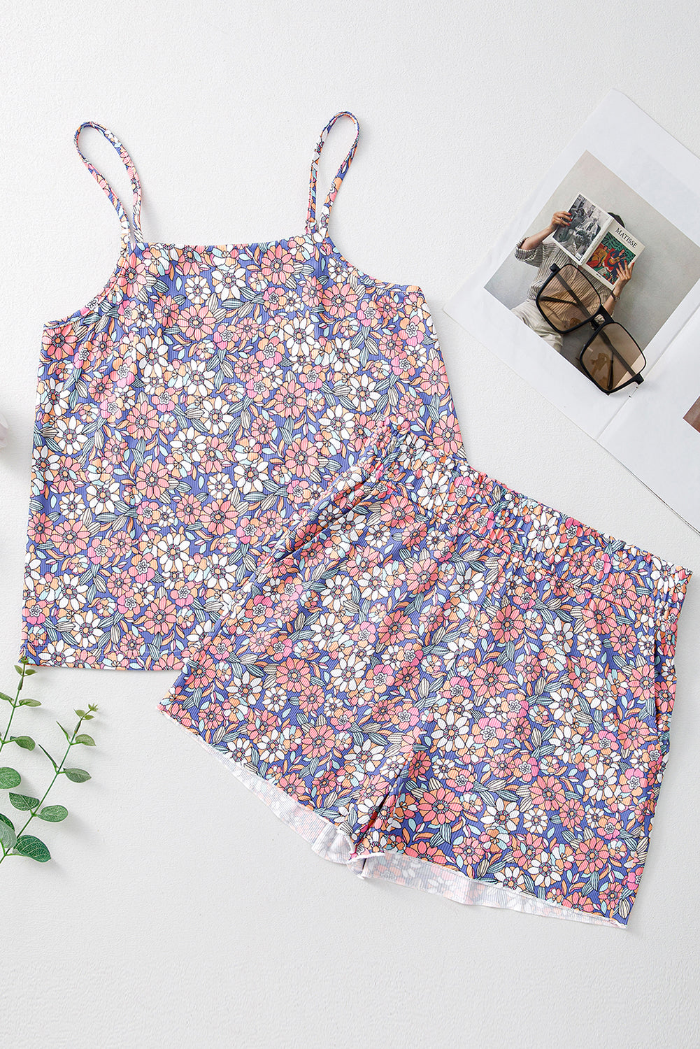 Sky Blue Floral Tank Top Set LT