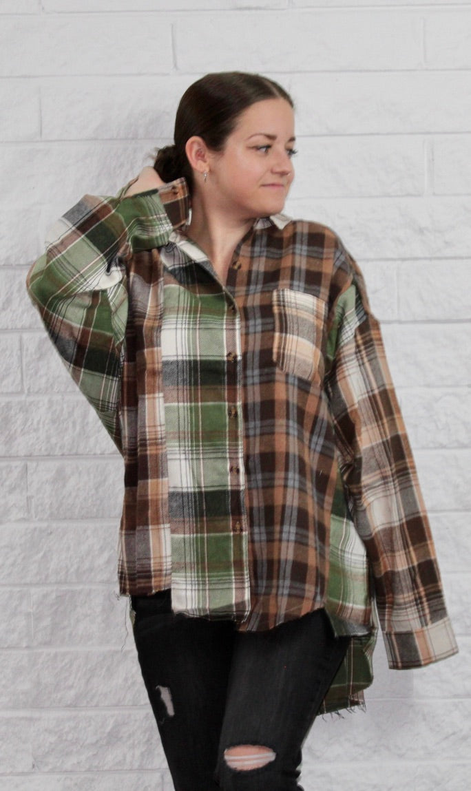 Oversized Button Up- Green/Brown