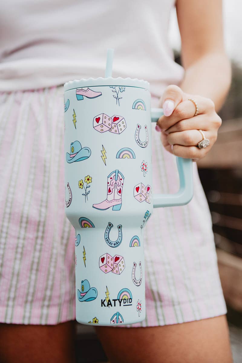 Lucky Girl Western Tumbler with Handle: Mint