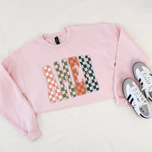 AMEN | Pink Checkered Faith Sweatshirt | Gildan