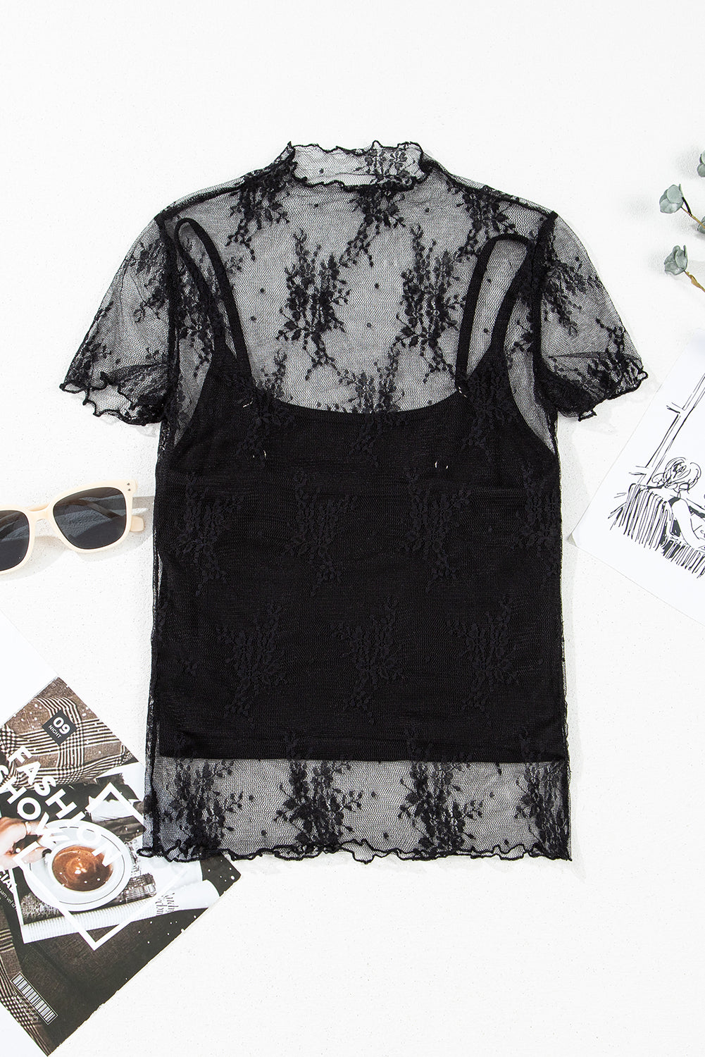 Black Floral Sheer Mesh Top LT