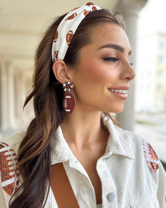 Crystal Brown/White Sparkle Top Beaded Football Earrings