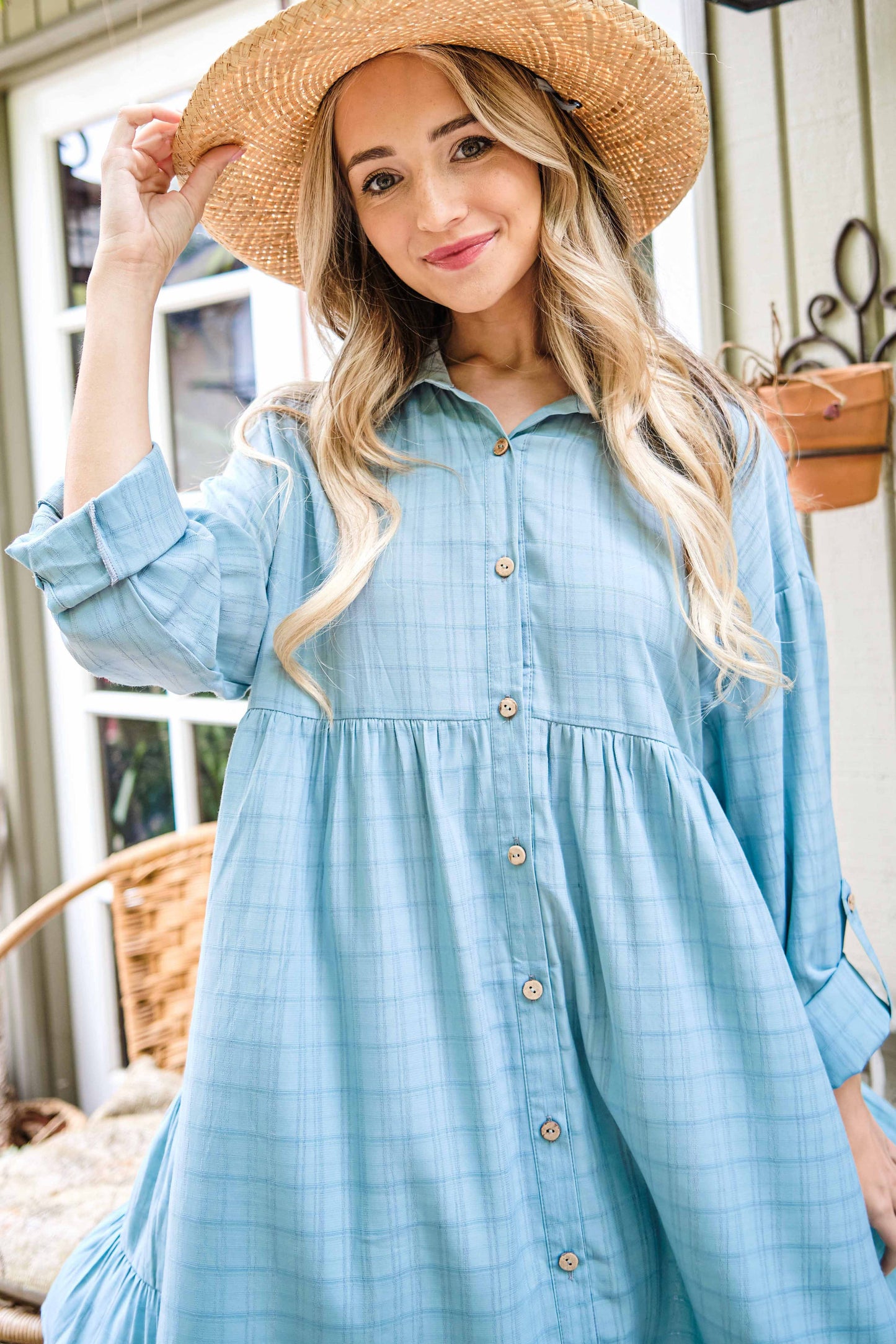 Nicole Textured Pattern Button Down Casual Shirt Dress