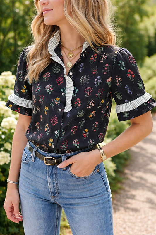 Black Frilled Trim Floral Shirt LT