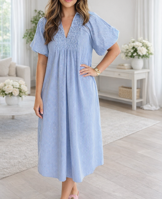 Blue Stripe Shirred Plus Size Midi January.