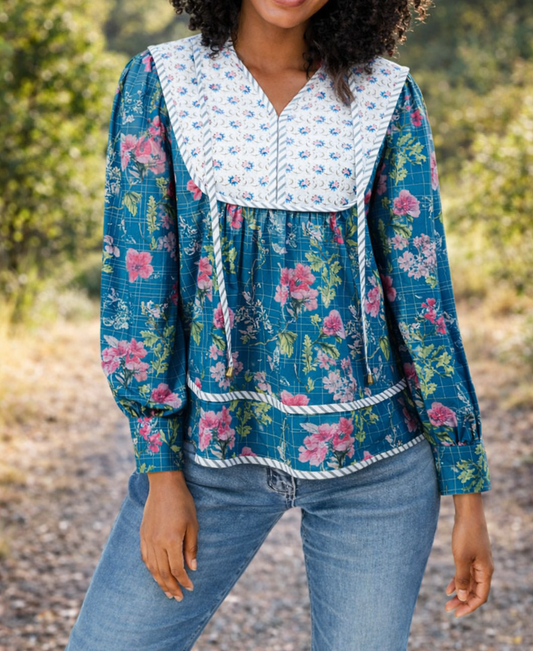 Blue Floral Patchwork Blouse LT