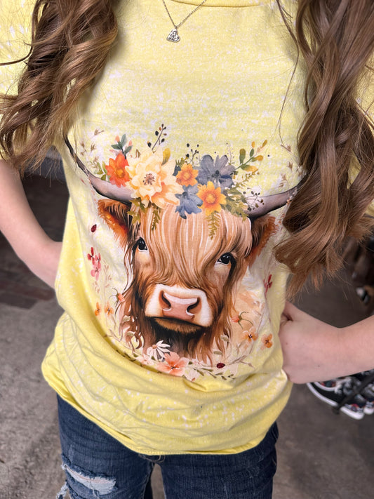 Wildflowers Spring Highland Cow Bleached Tee