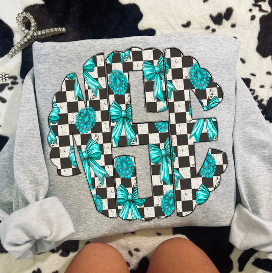 Custom checkered & turquoise mono- Multiple Styles & Colors