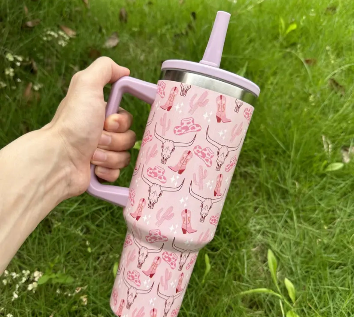 40 oz Cowgirl Pink Tumbler with Built In Straw