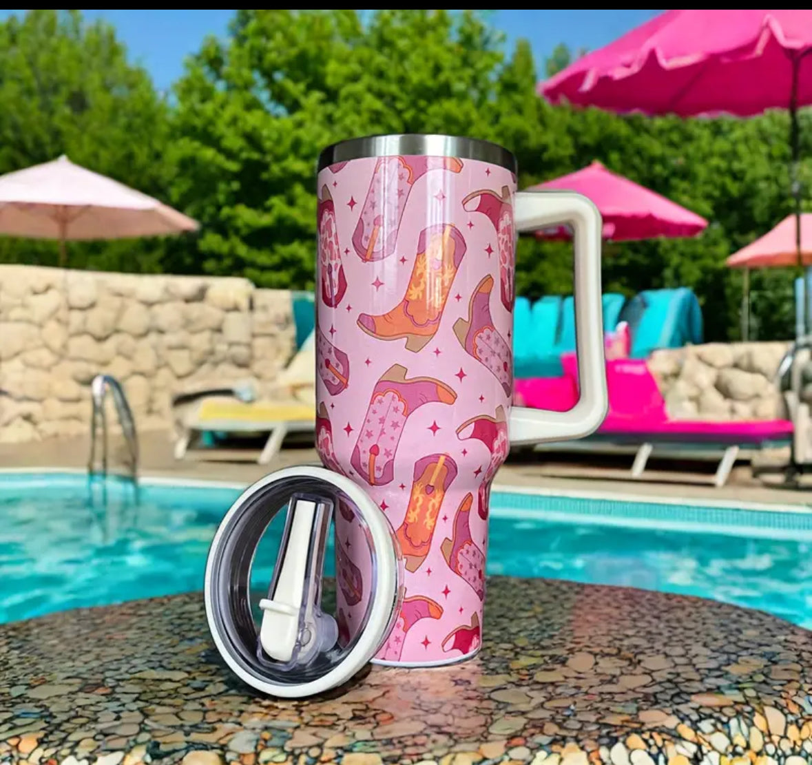 40 oz Pink Boots Tumbler with Built- In Straw