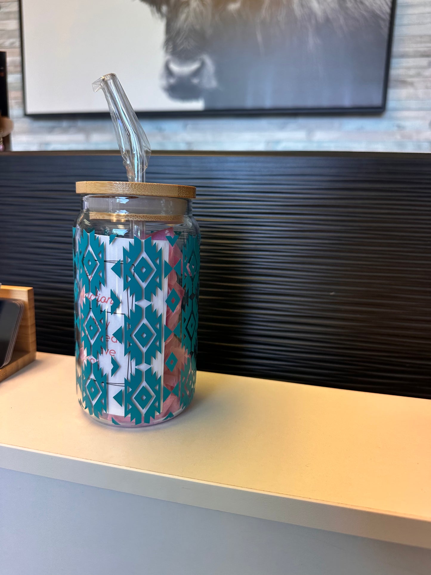 Turquoise Aztec Glass Cup