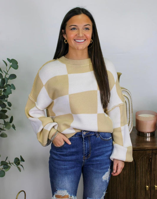 Caitlyn Khaki Checkered Sweater