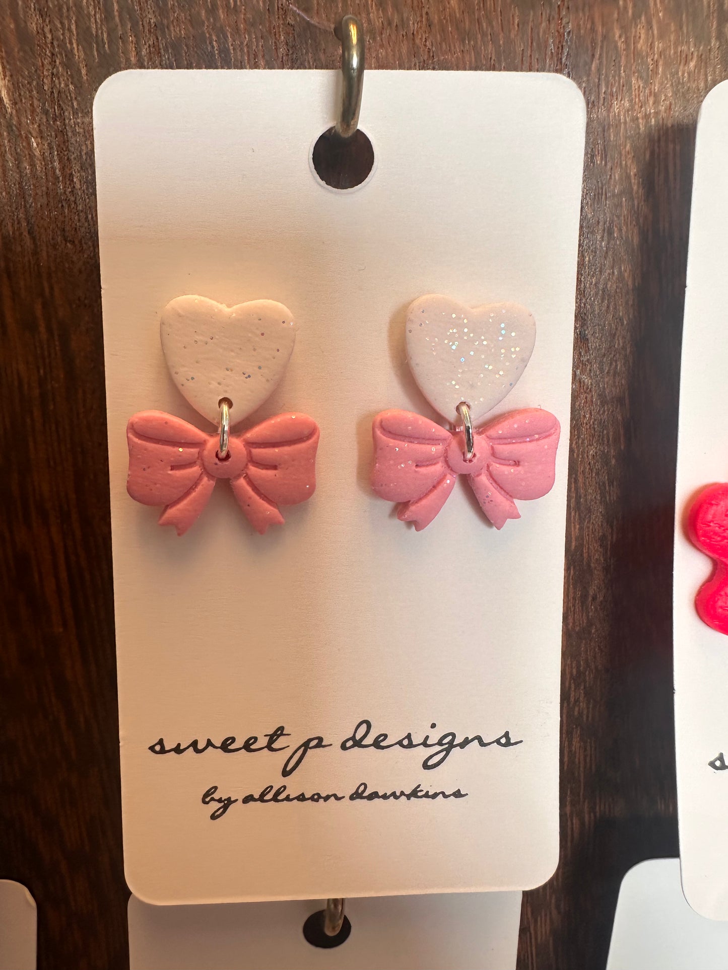 Small Pink/White Heart & Bow Earrings