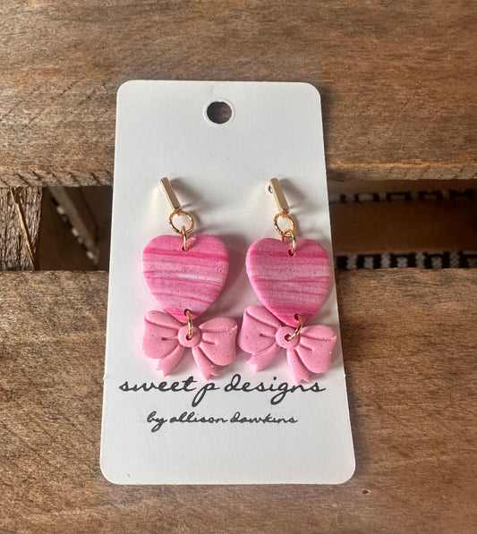 Large Pink Heart/Bow Dangle Earrings