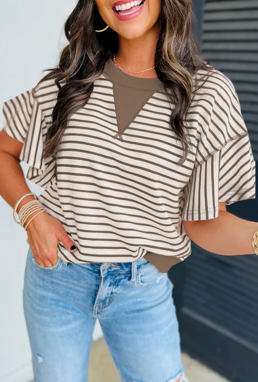 Parchment Striped Ruffle Short Sleeve Top