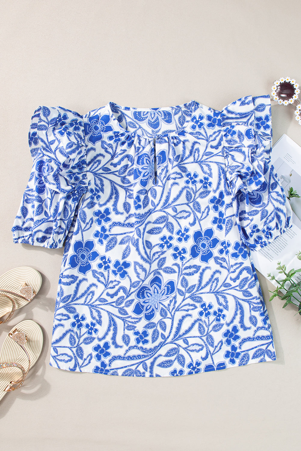 Blue Floral Print Blouse LT