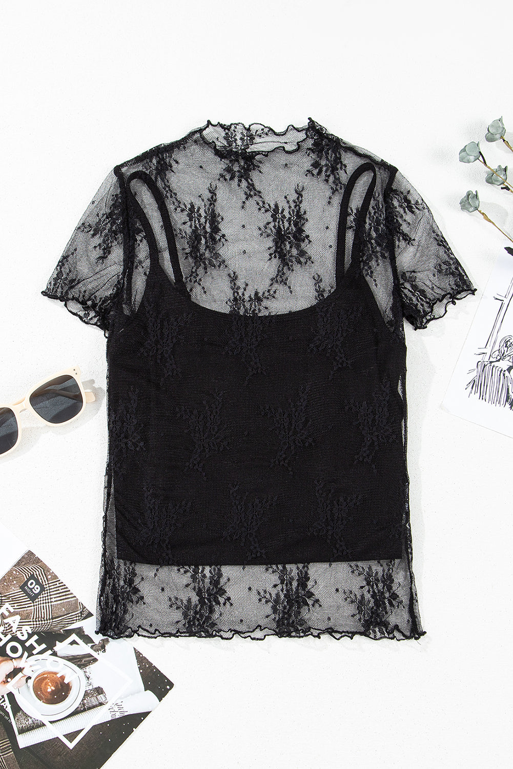 Black Floral Sheer Mesh Top LT