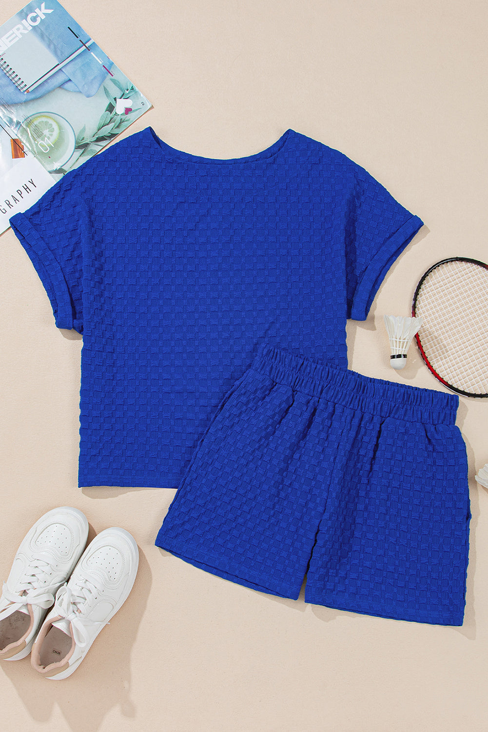 Blue Textured Button Top Set LT