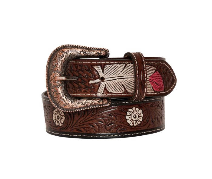 Pink Feather Hand Tooled Leather Belt