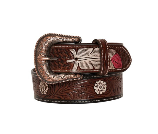 Pink Feather Hand Tooled Leather Belt